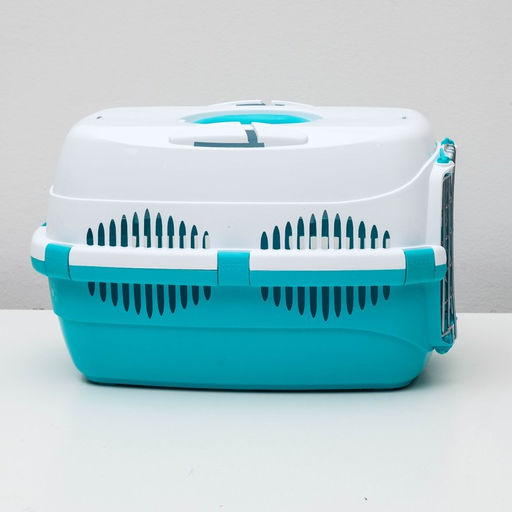 Переноска для животных до 9 кг Пижон, металлическая дверь, 43х29х27,5 см, бело-бирюзовая  фото 3