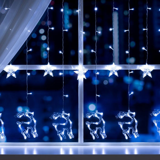 Гирлянда Бахрома 2.4?0.9 м с насадками Олень, IP20, прозрачная нить, 138 LED, свечение белое, 8 режимов, 220 В