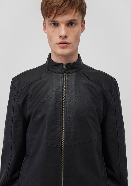 Dik Yaka Siyah Suni Deri Ceket - Mavi фото 5