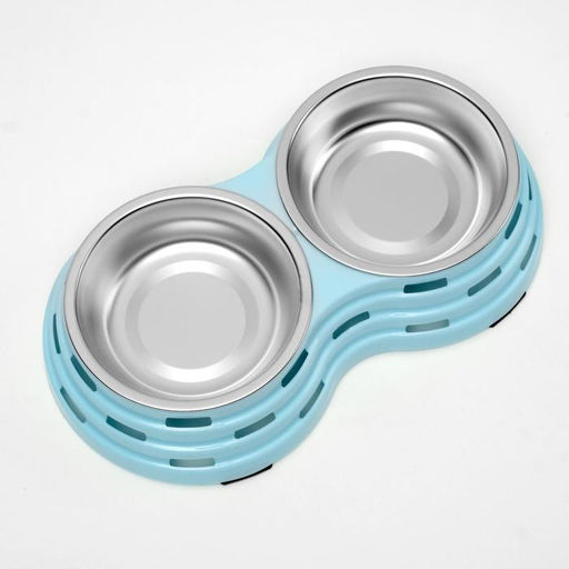 Миска металлическая двойная на пластиковом основании 2 х 160 мл, 25 х 14 х 5 см, голубая - Пижон фото 2