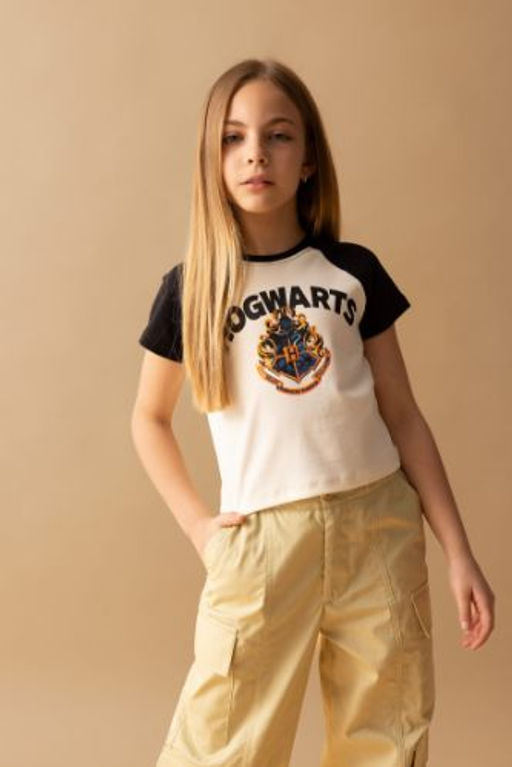 K?z Cocuk Harry Potter Bisiklet Yaka Ribana K?sa Kollu Tisort