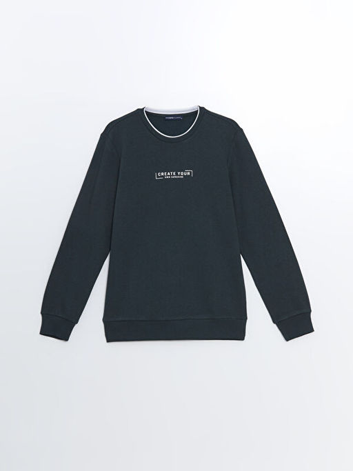Bisiklet Yaka Uzun Kollu Bask?l? Erkek Sweatshirt