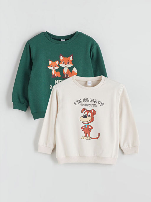 Bisiklet Yaka Bask?l? Erkek ?ocuk Sweatshirt 2li