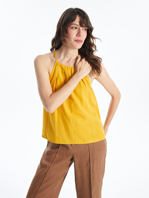 Halter Yaka D?z Keten Kar???ml? Kad?n Bluz