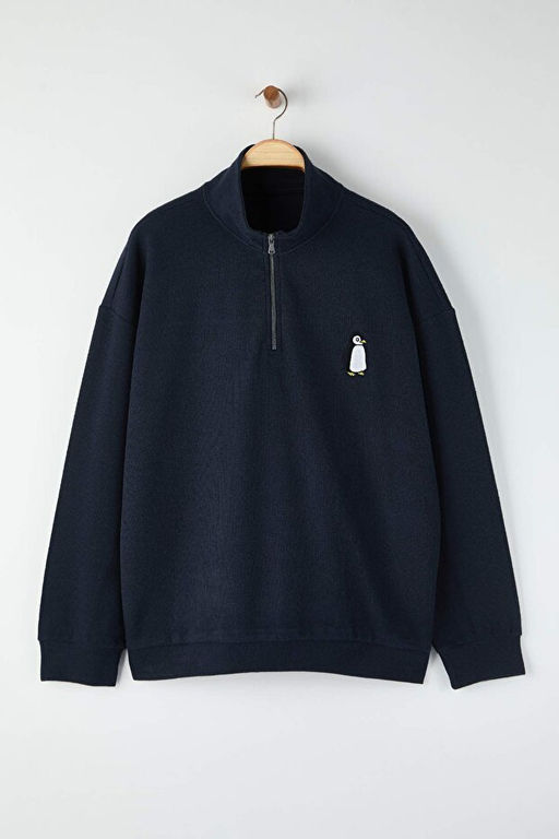 Lacivert Yeni Oversize B_y_k Beden Dokulu Dik Yaka Penguen Nak__l_ Sweatshirt TMNAW26AO00000 - Trendyolmilla фото 2