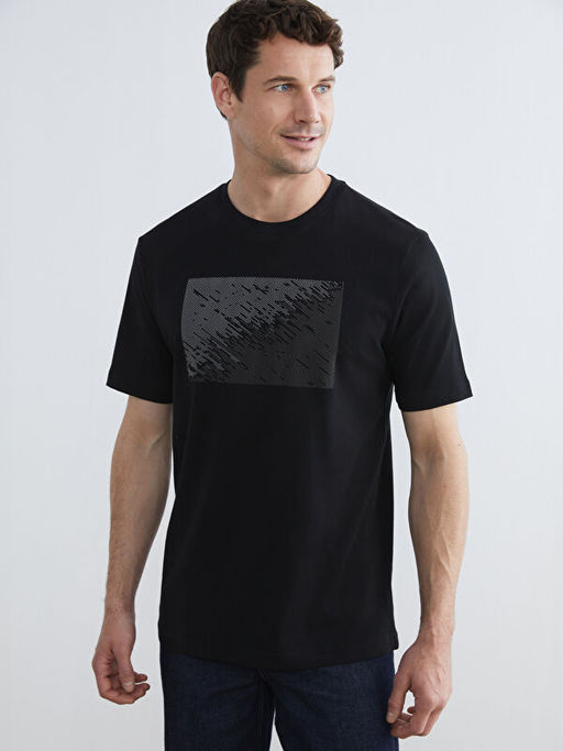 Bisiklet Yaka Bask?l? Penye Erkek Ti??rt