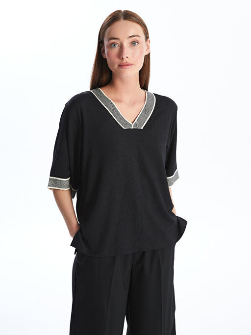 V Yaka ?erit Detayl? Oversize Kad?n Bluz