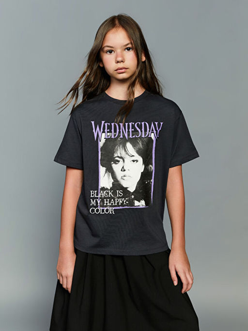 Bisiklet Yaka Wednesday Bask?l? K?z ?ocuk Ti??rt