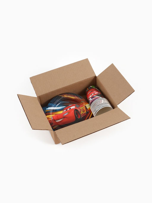 Посуда одноразовая бумажная на 10 персон: стаканы, тарелки, скатерть, Тачки