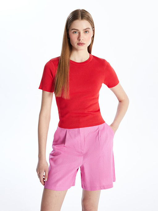 Bisiklet Yaka D?z K?sa Kollu Kad?n Triko Kazak