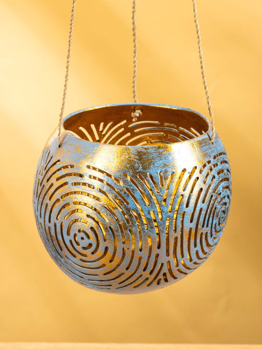 Подсвечник подвесной из кокоса, 12×12×8.5 см, голубой-золотой