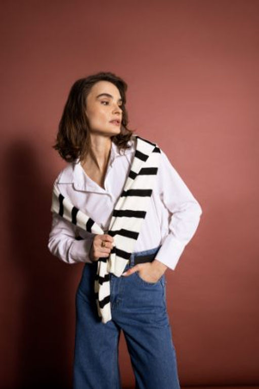 Oversize Fit Keten Kar?s?ml? Uzun Kollu Gomlek