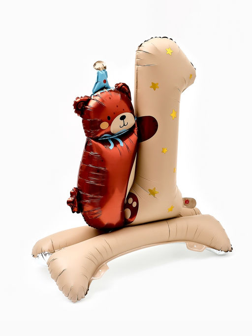 Цена за 2 шт. Воздушный шар фольгированный 32" "Цифра 1 с мишкой"  цвет бежевый, под воздух