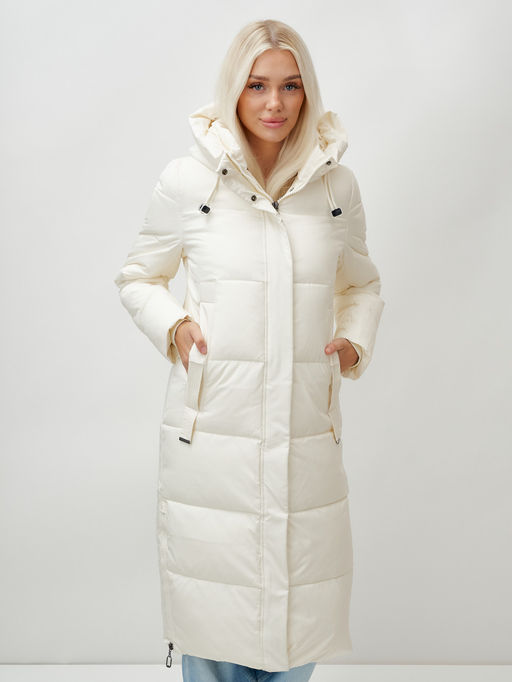 Пальто утепленное стеганное зимнее с капюшоном женское бежевого цвета 9608B