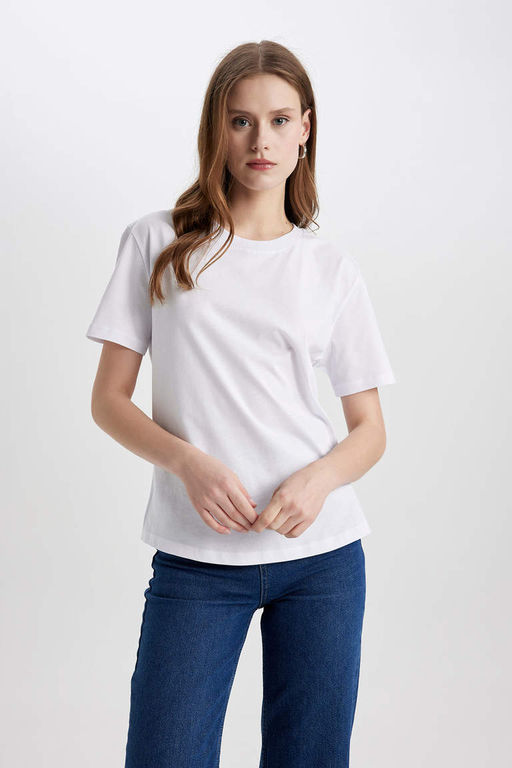 Базовая футболка из чесаного хлопка с короткими рукавами и круглым вырезом стандартного кроя - Defacto фото 3