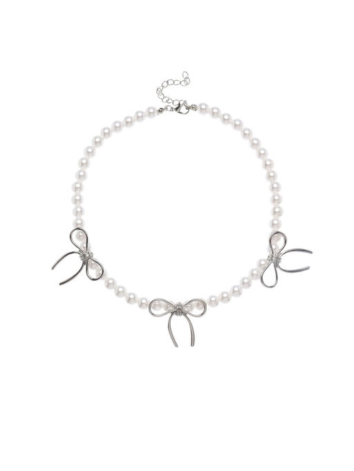 Колье «Бантик» с жемчугом, белое в серебре