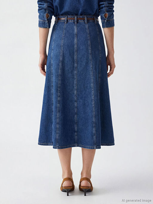 Y?ksek Bel Kemerli Klo? Jean Etek