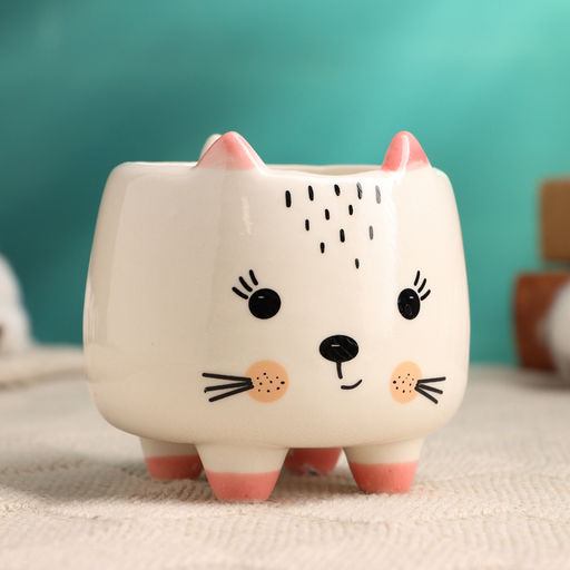 Горшок для цветов «Счастливый котик», 8×8×8 см, керамика, белый