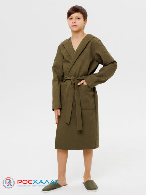 Подростковый вафельный халат с капюшоном хаки В-18 (26)