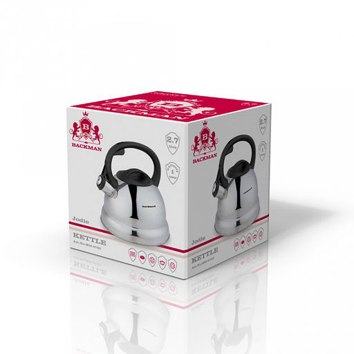 Чайник из нержавеющей стали "Backman" 2,7л, нержавеющая сталь, капсулированное индукционное дно, курковый механизм, зеркальная полировка корпуса, фиксированная бакелитовая ручка, "Jodie" (Китай) Подходит для всех видов плит, включая индукционную!