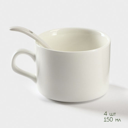 Набор кружек керамический на подставке из бамбука BellaTenero, 9 предметов: 4 кружки 150 мл, 4 ложки, подставка, белый