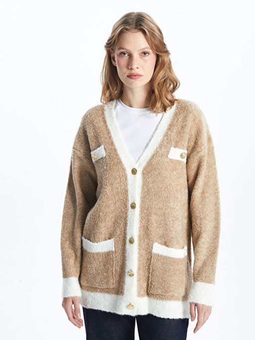 V Yaka Renk Bloklu Kad?n Triko H?rka