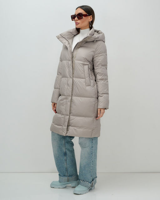 Пальто зимнее утепленное с капюшоном женское бежевого цвета 7618B
