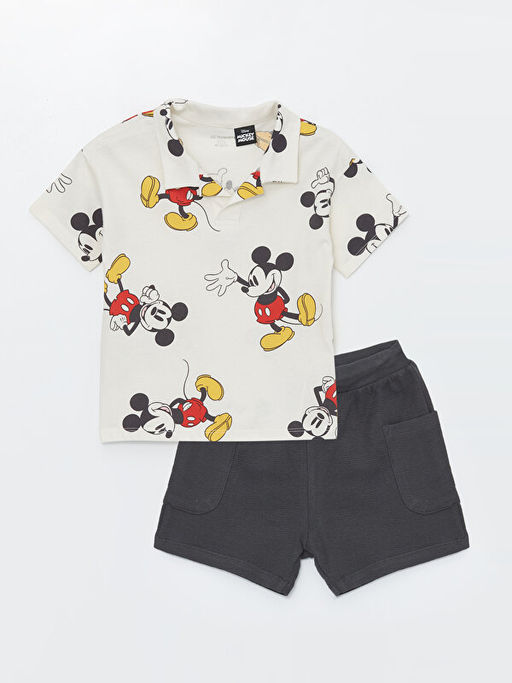 Resort Yaka K?sa Kollu Mickey Mouse Bask?l? Erkek Bebek Ti??rt ve ?ort 2li Tak?m