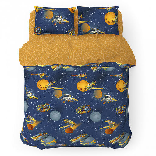 Постельное белье, комплект 2-х спальный "Космический полет", 4 предмета: пододеяльник на пуговицах 175х215см, евро-простыня 220х240см, 2 наволочки 70х70см, поплин 115г/м2, хлопок 100%, упаковка "классическая" ПВХ 32х41см, "Домашняя мода" (Россия)