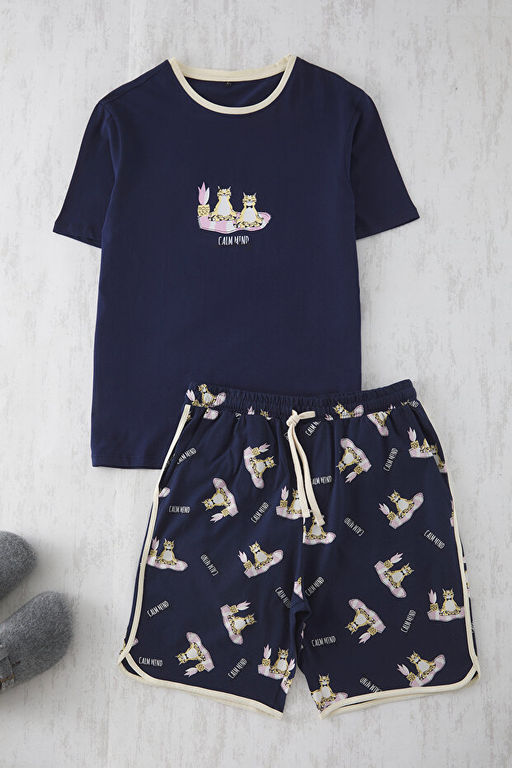 Unisex Lacivert Kedi Bask_l_ _ift/Couple %100 Pamuk _rme Erkek Pijama Tak_m_ TMNSS25PT00052 - Trendyolmilla фото 2