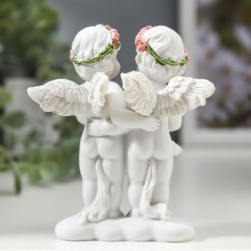 Фигурка полистоун Ангелочки в розовых веночках с сердцем из роз, 10?8.5?5.5 см