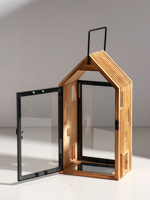 Подсвечник дерево "Дом с панорамным окном" набор 2 шт 10х15х28,5 15х20х36 см