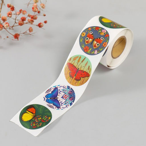 Наклейка бумага Бабочки, d=3.8 см, 252 шт. в рулоне