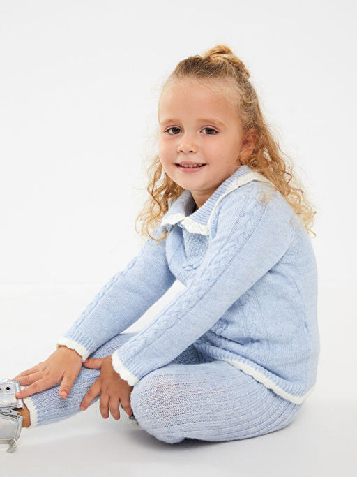 Polo Yaka Uzun Kollu Kendinden Desenli K?z Bebek Triko Kazak ve Tayt 2li Tak?m - Waikiki фото 2