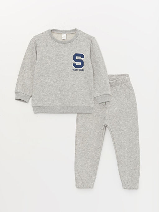 Bisiklet Yaka Bask?l? Uzun Kollu Erkek Bebek Sweatshirt ve E?ofman Alt 2li Tak?m