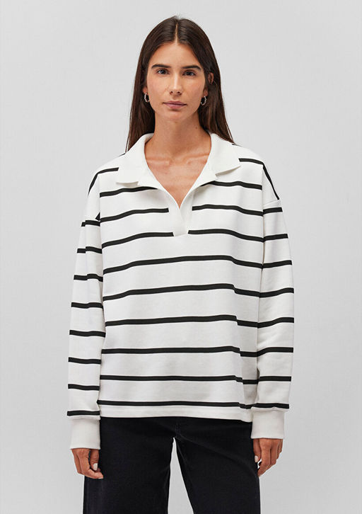 Siyah Cizgili Polo Yaka Sweatshirt - Mavi фото 4