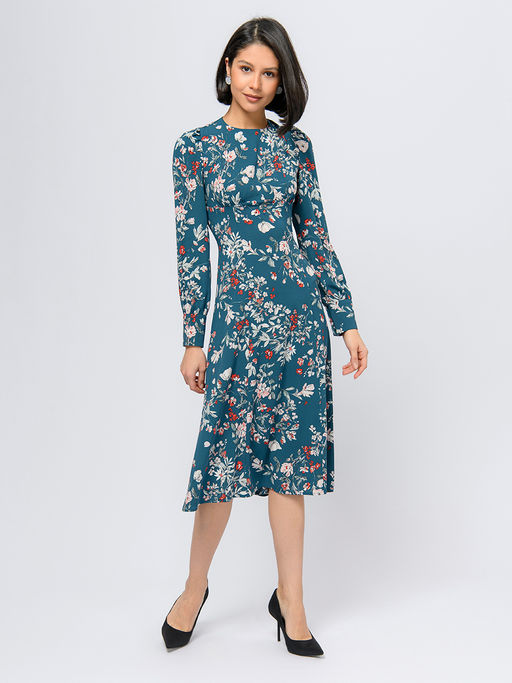 Платье бирюзового цвета длины миди с цветочным принтом - 1001dress фото 2