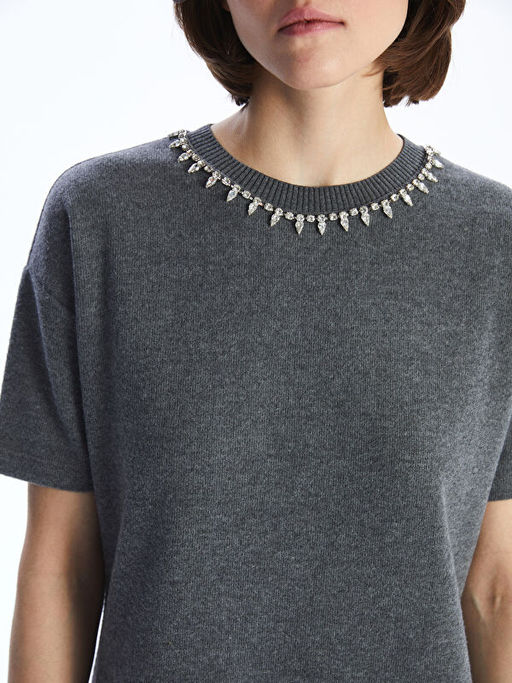 Bisiklet Yaka Ta?l? Mini Triko Elbise