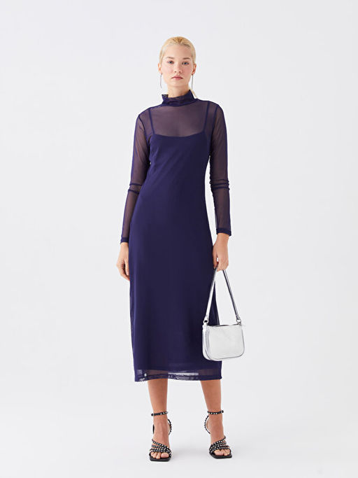 Dik Yaka D?z Uzun Kollu Elbise