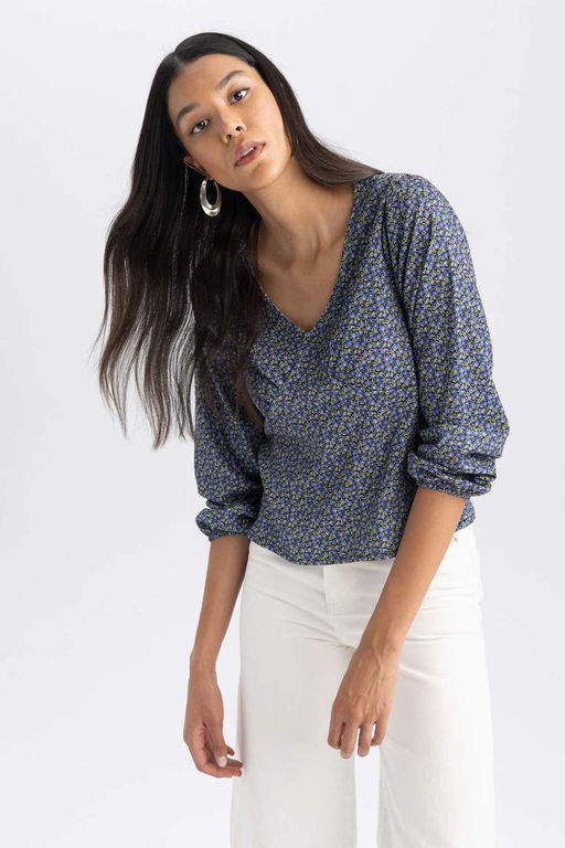 Приталенная блузка с длинными рукавами и V-образным вырезом - Defacto фото 4