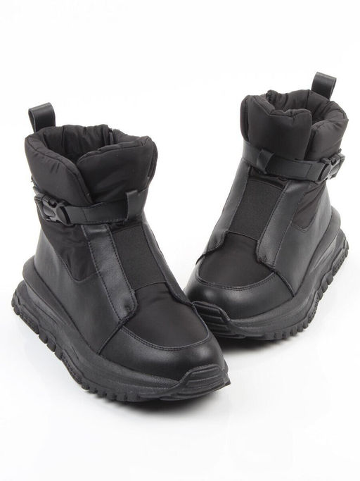 04-WG037-3M BLACK Ботинки зимние женские (натуральная кожа, курточная ткань, 100% шерсть)