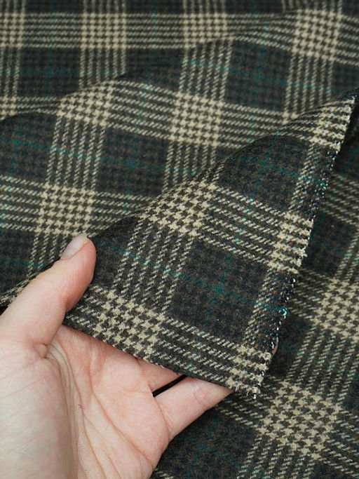Шерсть пальтово-костюмная Твид Клетка цв.бежево-зеленый на коричневом, ш.1.5м, шерсть-50%, п/э-50% - Купава фото 10