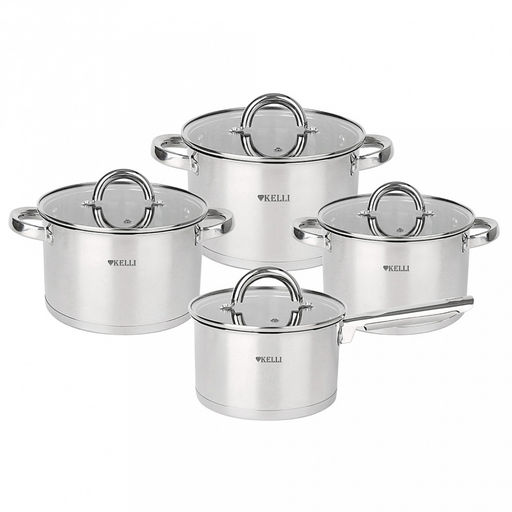 Набор кастрюль из нержавеющей стали "Kelli" 4 предмета: 1,8л, д16см, 2,5л, д18см, 3,5л, д20см, ковш 1,8л, д16см, стеклянная жаропрочная крышка, пароотвод, клепаные ручки из нержавеющей стали, 5-ти слойное капсульное дно, цветная коробка (Китай) Подхо