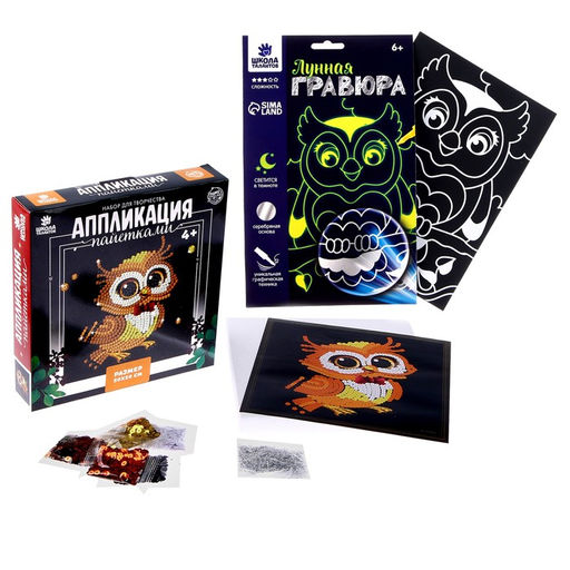 Набор для творчества: лунная гравюра и аппликация пайетками Сова