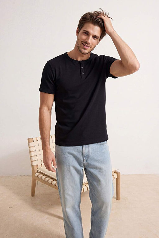 Siyah Regular/Rahat Kesim D__meli Yaka T-Shirt TMNSS26TS00040 - Trendyolmilla фото 2