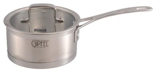 1232 GIPFEL Ковш PRESTIGE 16х8,5см/1,4л с индукционным капсульным дном Impact и стеклянной крышкой. Материал: нержавеющая сталь 18/10. Толщина стенок 0,7мм, толщина дна 6,2мм