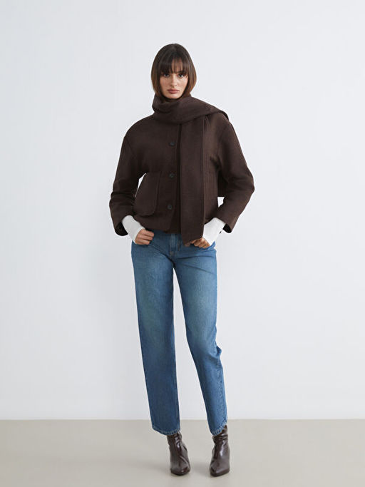 Y?n Kar???ml? Atk?l? Kad?n Ka?e Ceket