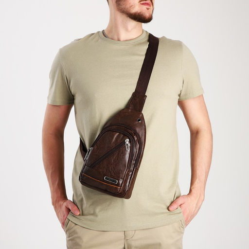 Сумка слинг мужская, искусственная кожа, отверстие для наушников, цвет коричневый - Simaland фото 7