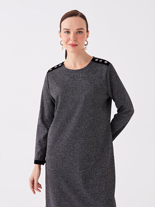 Bisiklet Yaka Desenli Uzun Kollu Kad?n Elbise