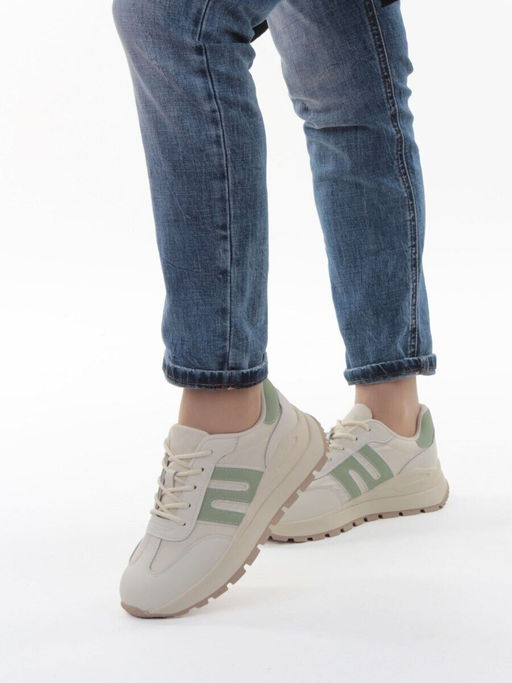 03-WG040-1M MILK/GREEN Кроссовки демисезонные женские (натуральная кожа)